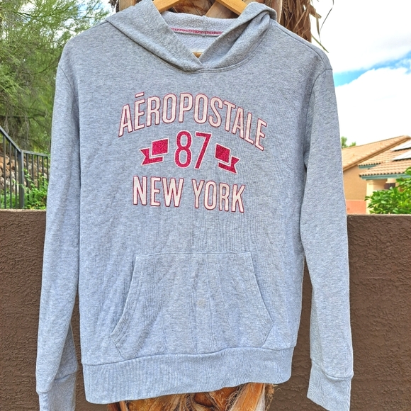 Aeropostale New York Gray and Pink Sparkle Pullover Sweatshirt Hoodie M